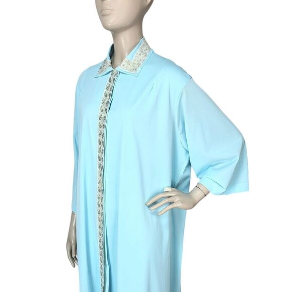 Vintage 50s/60s Lane Bryant Blue Metallic Gold Trim Snap Front Peignoir Robe XXL - Picture 2 of 9